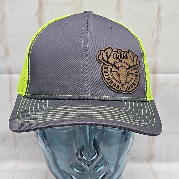 Wild Outdoor Hunting Cap/Hat Charcol/Neon Yellow Leatherette patch Size 22"-24 - Picture 7 of 11